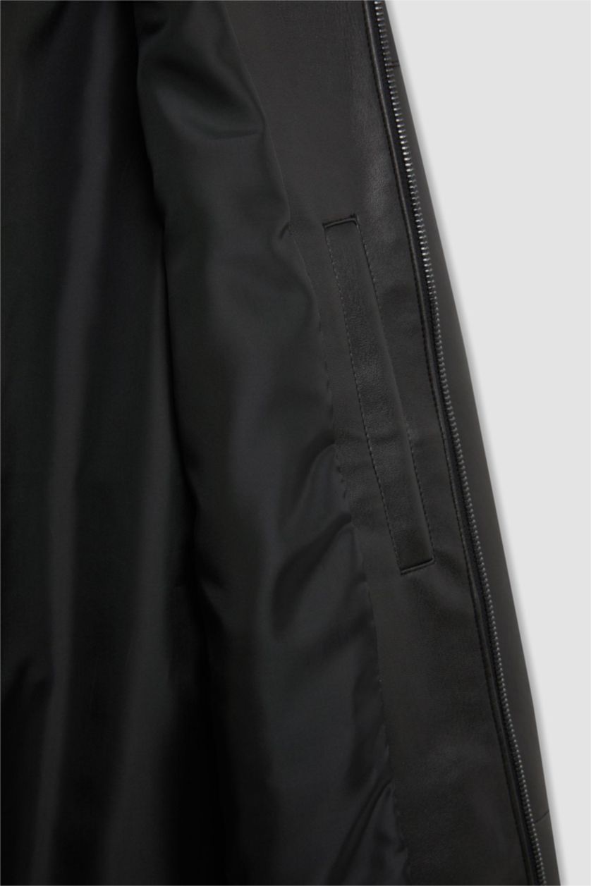 Erkek Siyah Slim Fit Suni Deri Ceket Mont Dar Kesim Kapüşonlu Fermuarlı Cepli Mevsimlik