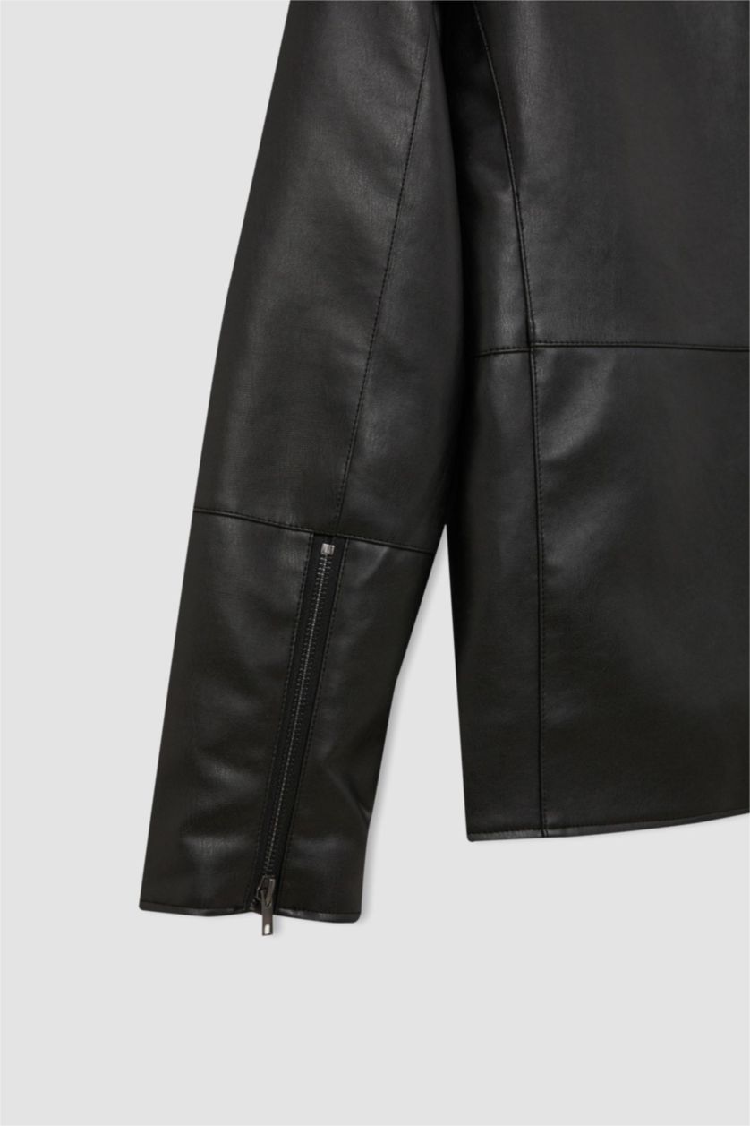 Erkek Siyah Slim Fit Suni Deri Ceket Mont Dar Kesim Kapüşonlu Fermuarlı Cepli Mevsimlik