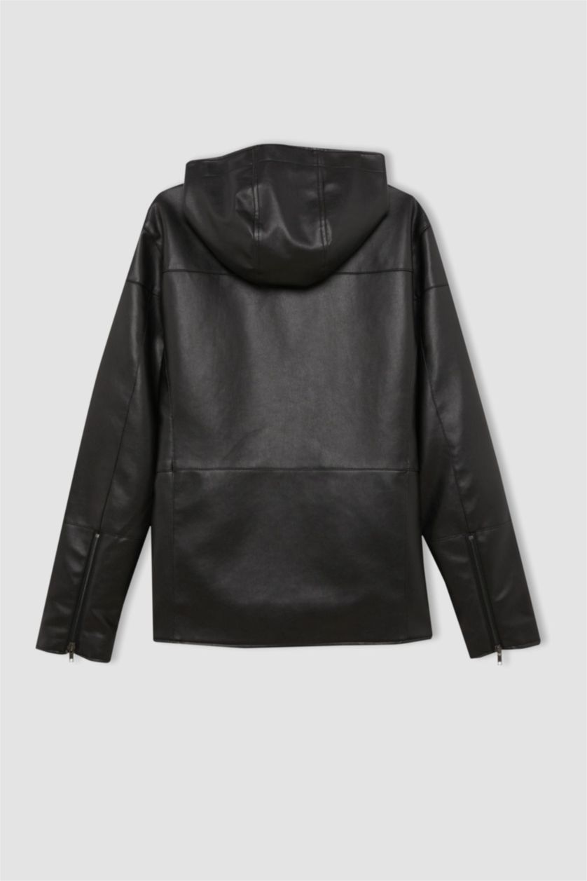Erkek Siyah Slim Fit Suni Deri Ceket Mont Dar Kesim Kapüşonlu Fermuarlı Cepli Mevsimlik