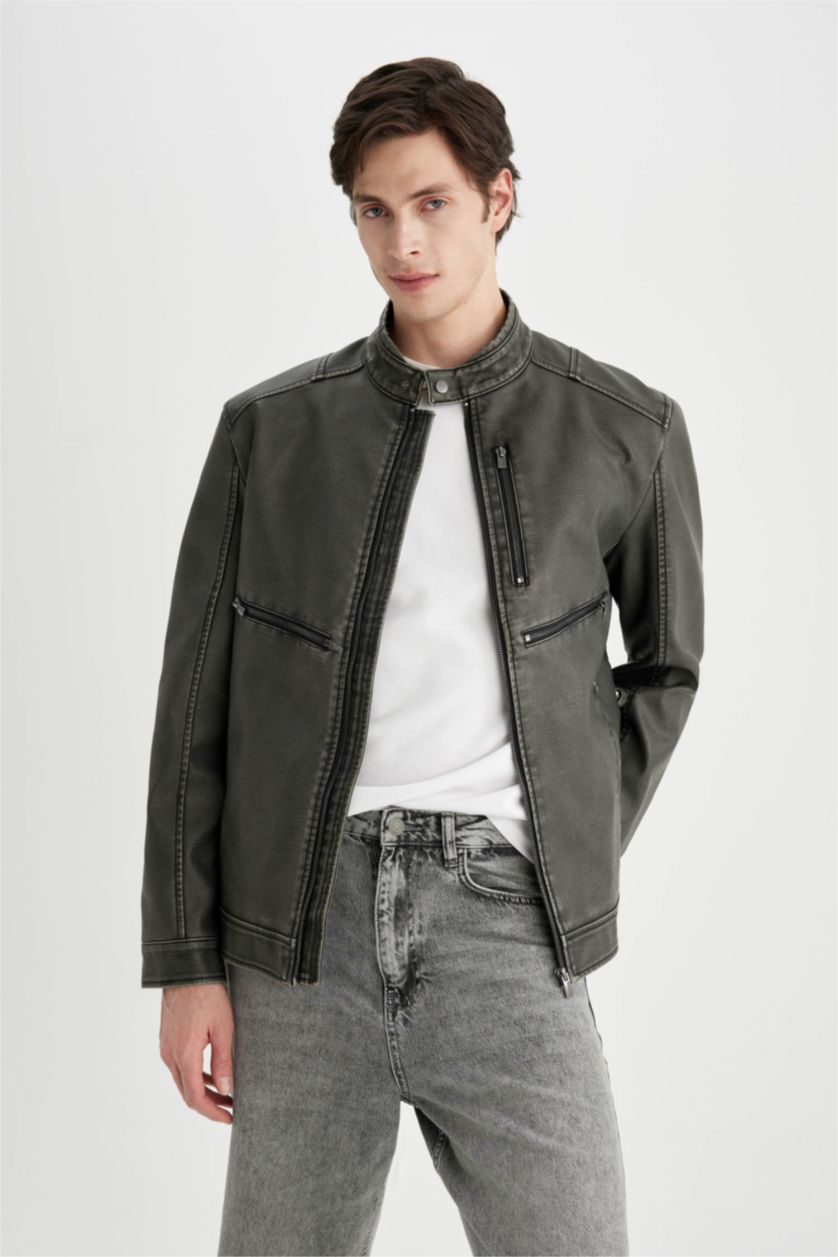 Erkek Antrasit Slim Fit Dar Kesim Suni Deri Mont Ceket Dar Kesim Dik Yaka Fermuarlı Cepli Mevsimlik 