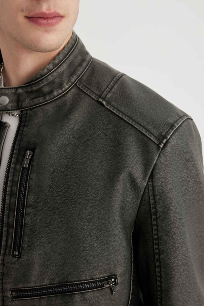 Erkek Antrasit Slim Fit Dar Kesim Suni Deri Mont Ceket Dar Kesim Dik Yaka Fermuarlı Cepli Mevsimlik 