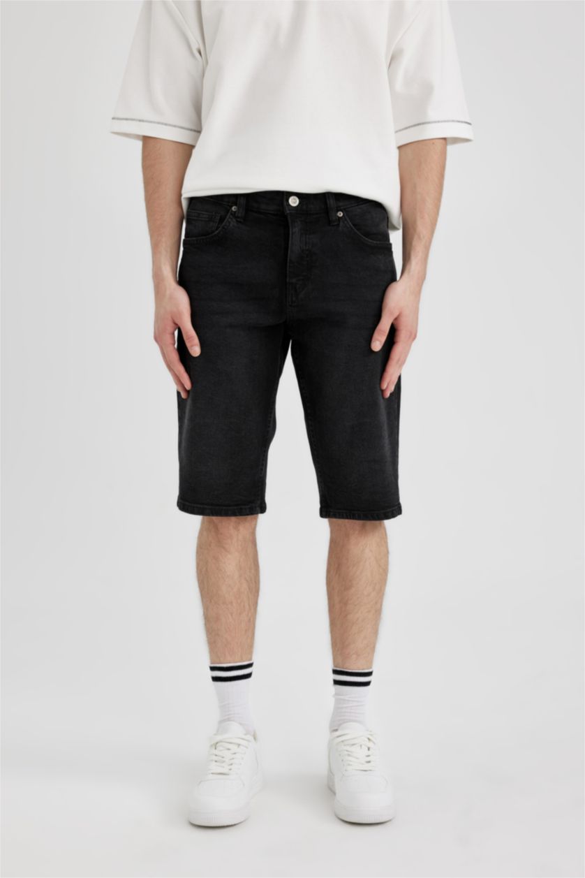 MAN Black Regular Fit Jean Bermuda Shorts