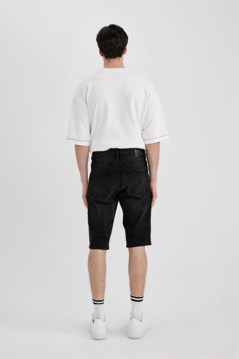 MAN Black Regular Fit Jean Bermuda Shorts
