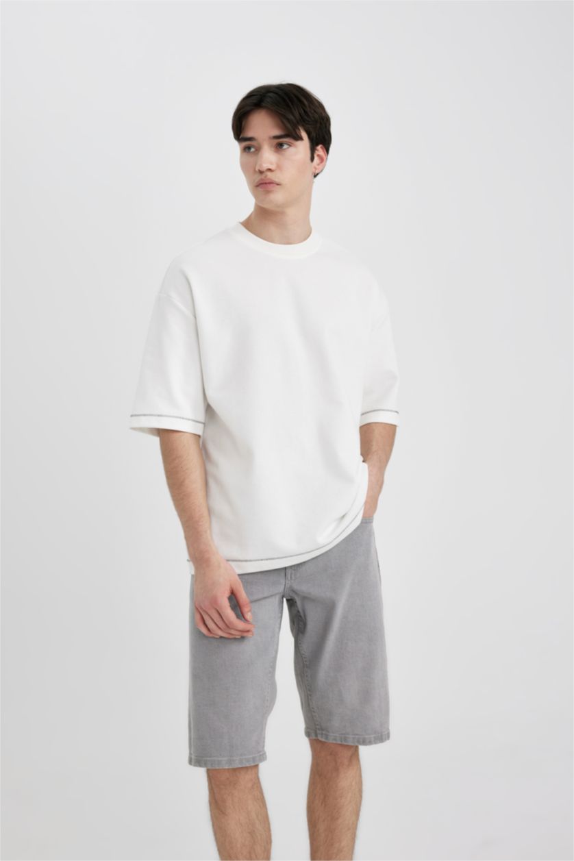 رجالي رمادي برمودا جينز سليم فيت