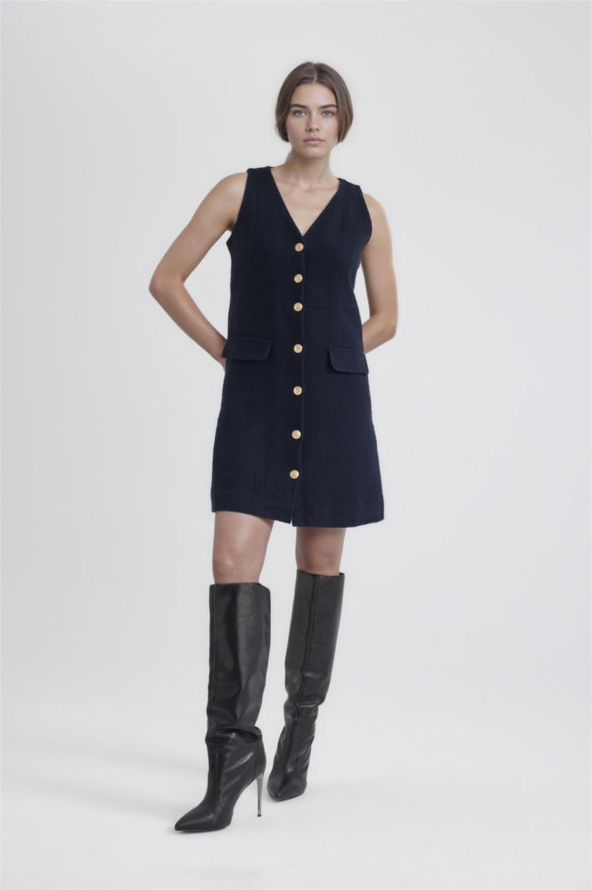 Kadın Lacivert V Yaka Kolsuz Düğme Detaylı Midi Elbise