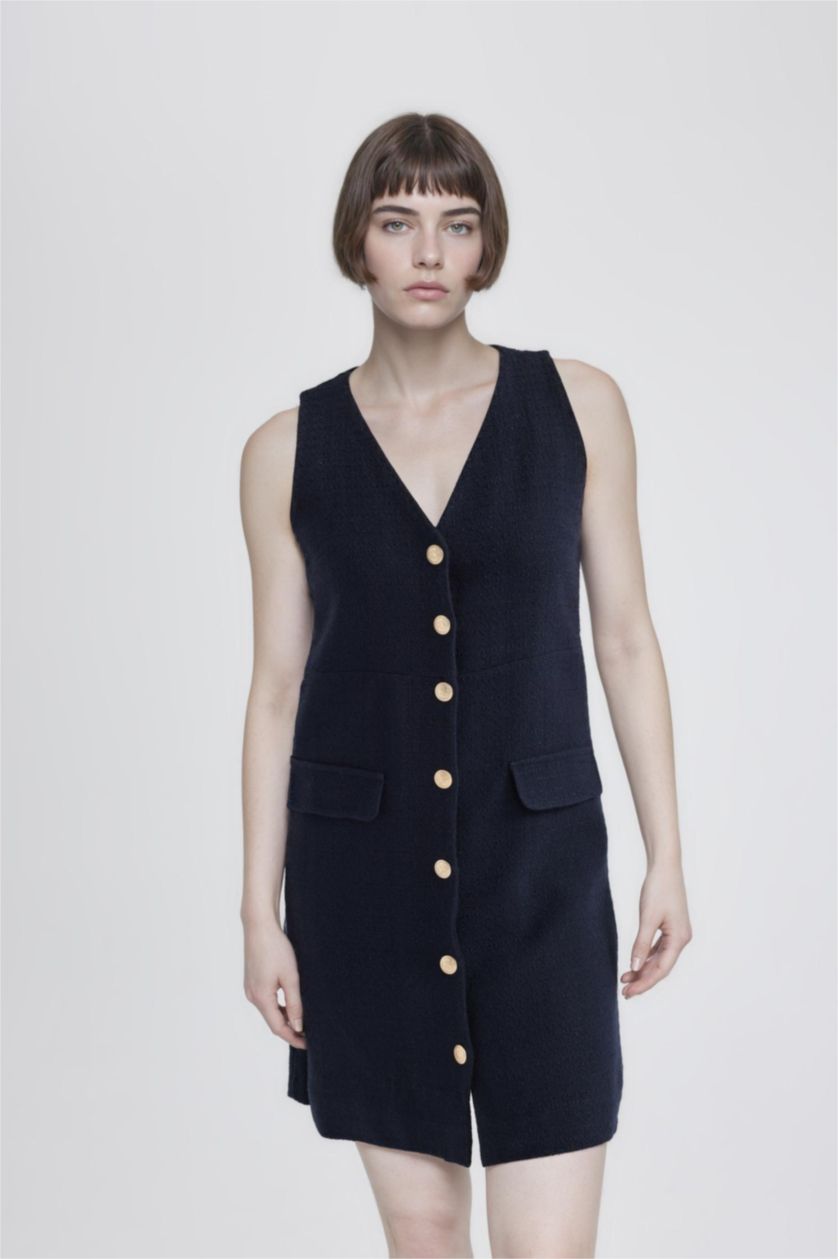 Kadın Lacivert V Yaka Kolsuz Düğme Detaylı Midi Elbise