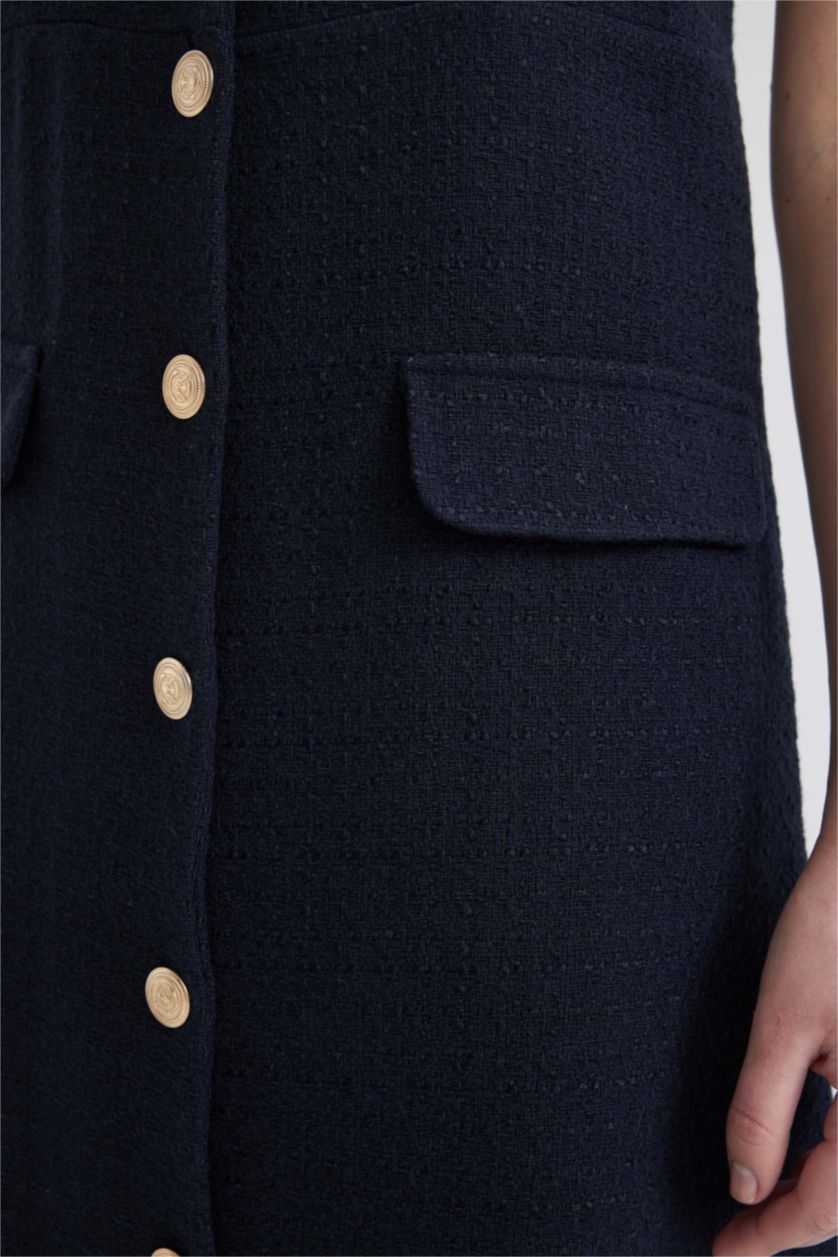 Kadın Lacivert V Yaka Kolsuz Düğme Detaylı Midi Elbise