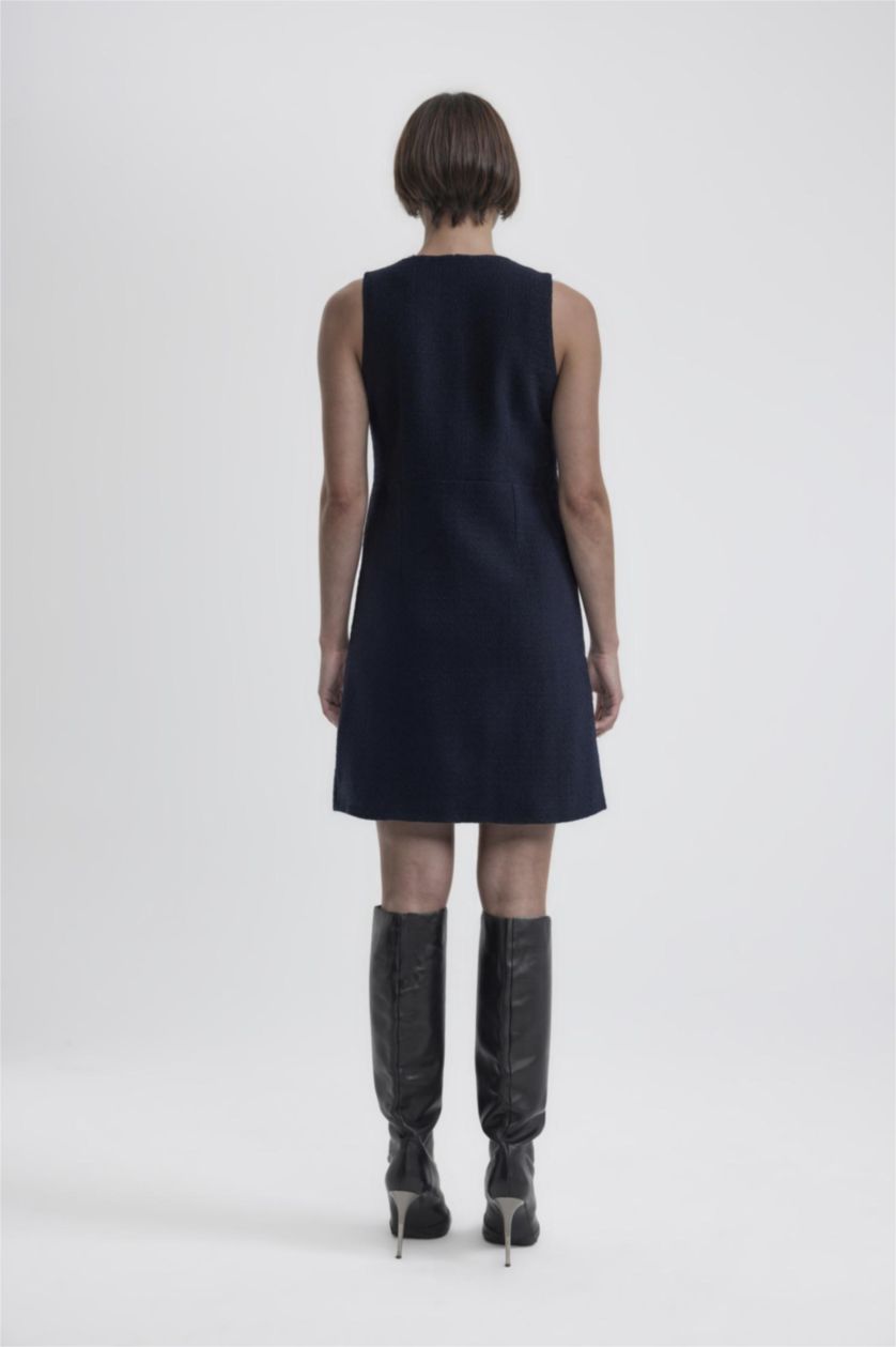 Kadın Lacivert V Yaka Kolsuz Düğme Detaylı Midi Elbise