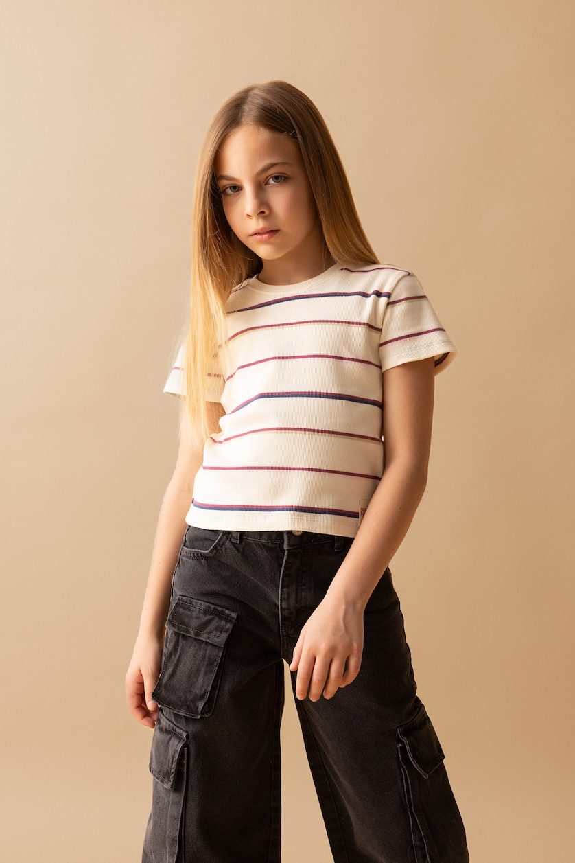 Girls & Teens Ecru Girl Crew Neck Short Sleeve Crop T-Shirt