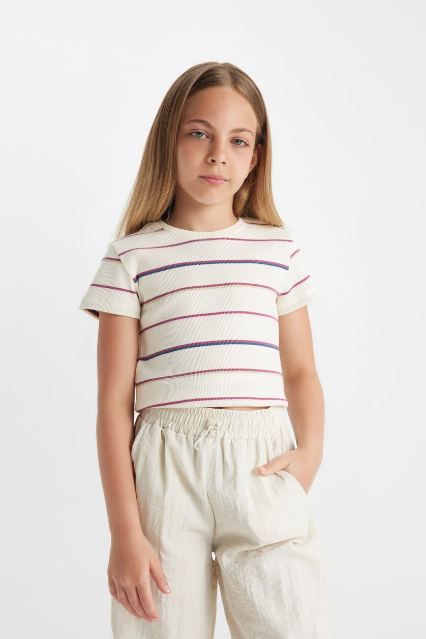 Girls & Teens Ecru Girl Crew Neck Short Sleeve Crop T-Shirt