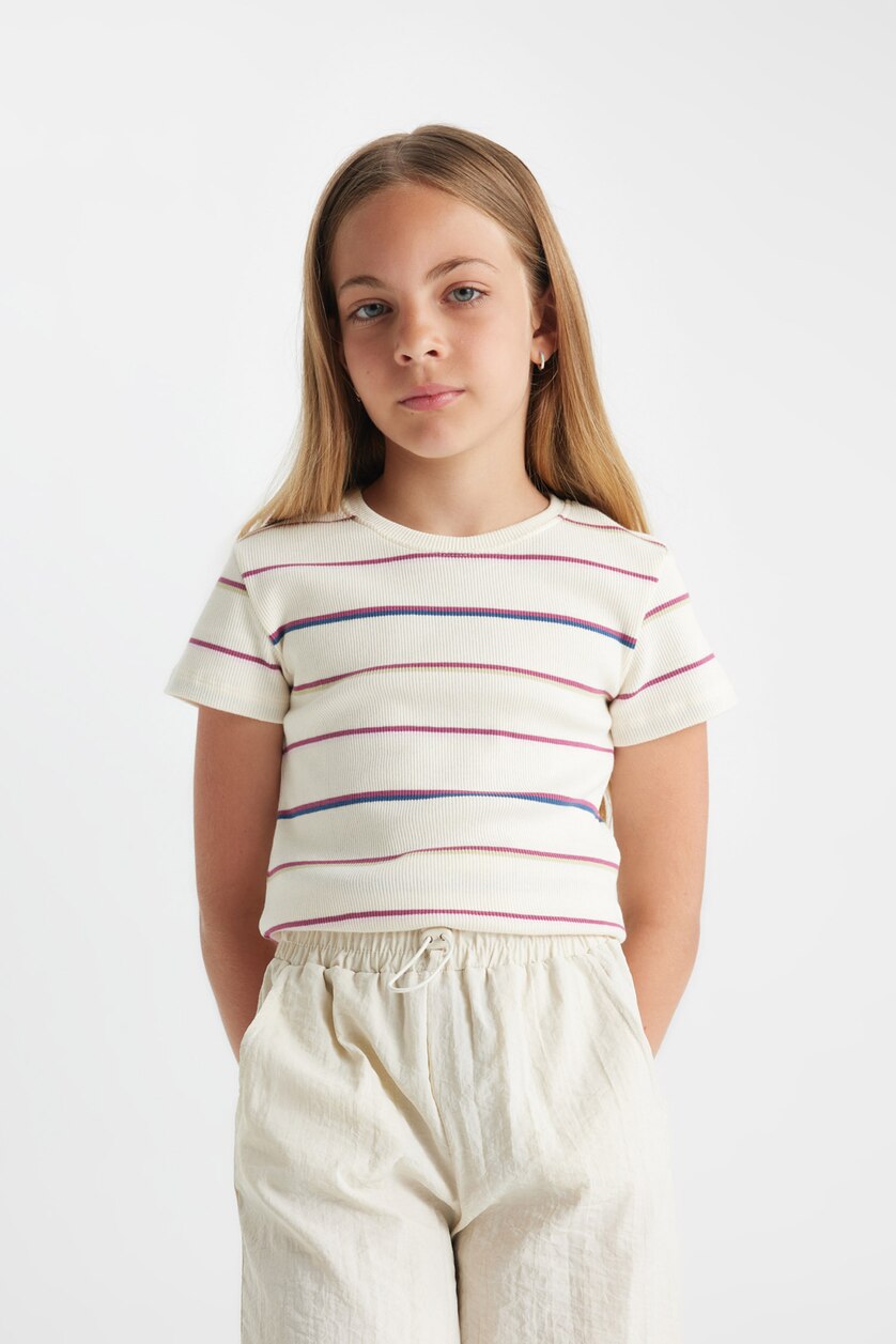 Girls & Teens Ecru Girl Crew Neck Short Sleeve Crop T-Shirt