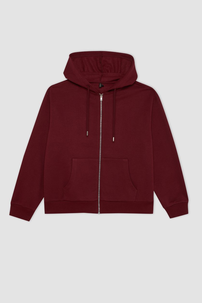 Kadın Bordo Relax Fit Kapüşonlu Cepli Basic Düz Fermuarlı Sweatshirt