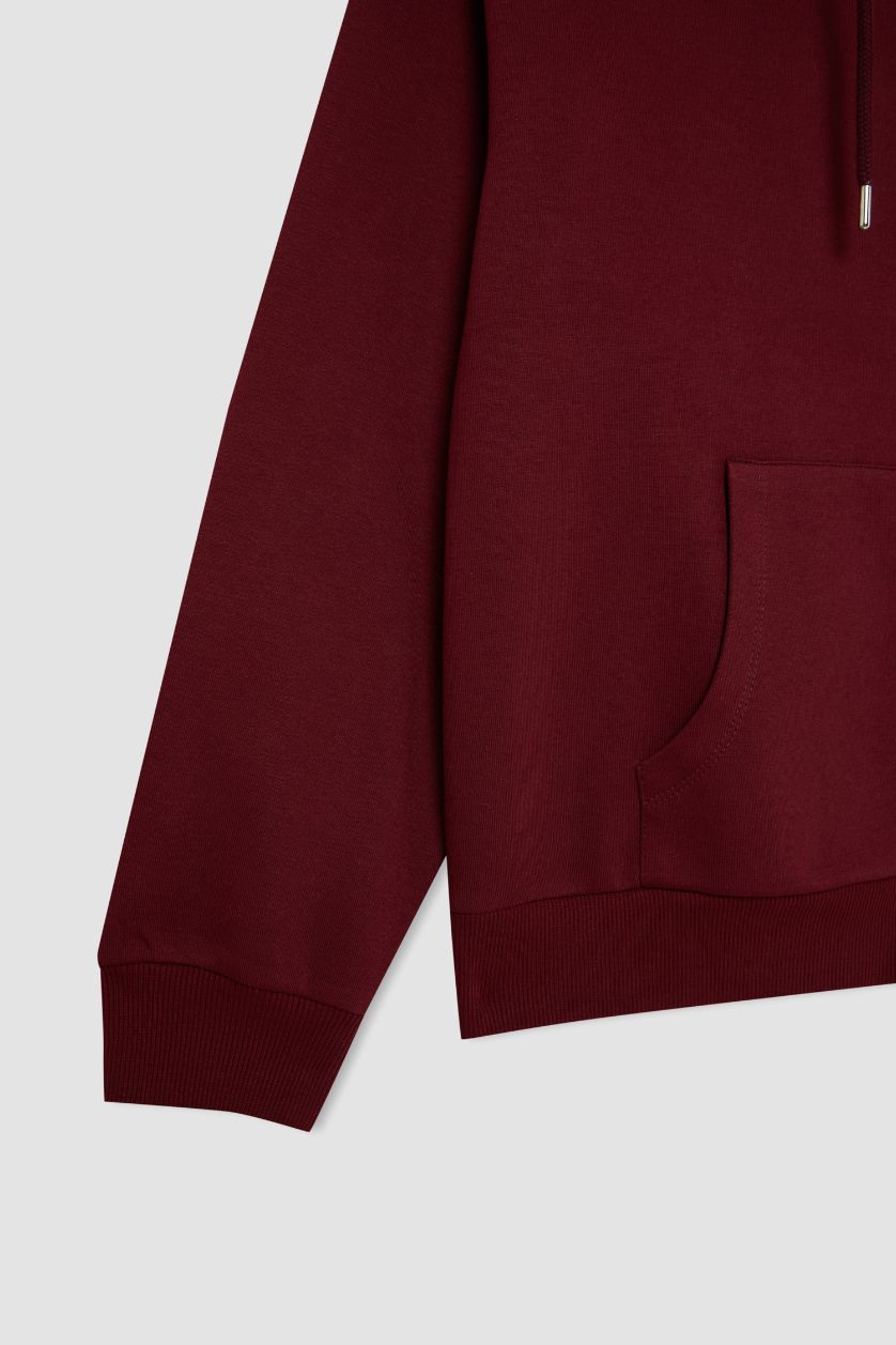 Kadın Bordo Relax Fit Kapüşonlu Cepli Basic Düz Fermuarlı Sweatshirt