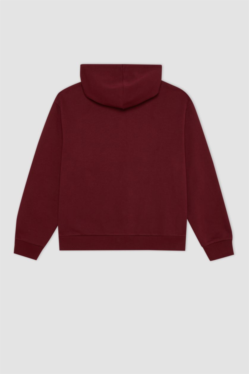 Kadın Bordo Relax Fit Kapüşonlu Cepli Basic Düz Fermuarlı Sweatshirt
