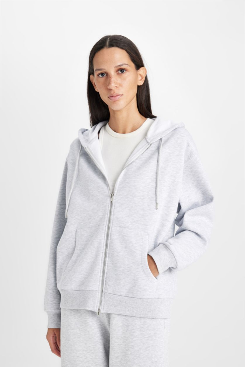 WOMAN Grey Melange Relax Fit Thick Sweatshirt Fabric Cardigan