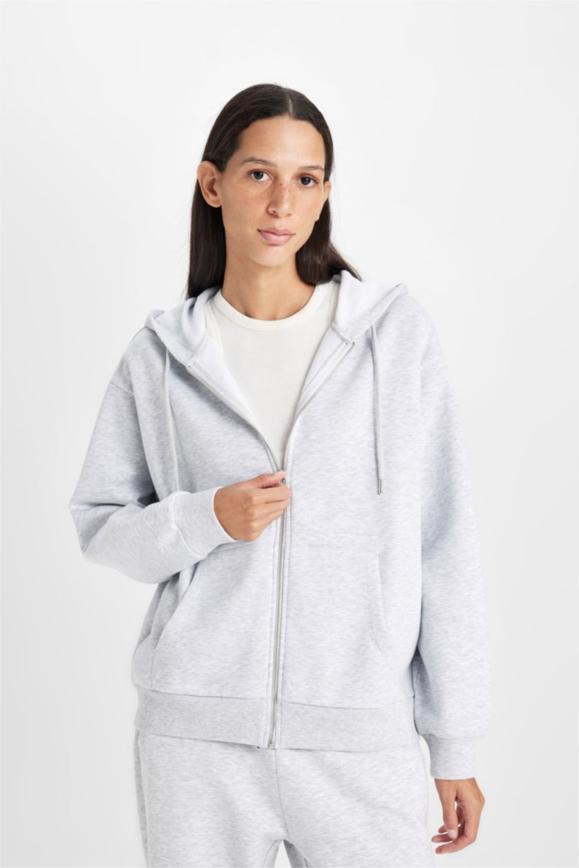 WOMAN Grey Melange Relax Fit Thick Sweatshirt Fabric Cardigan