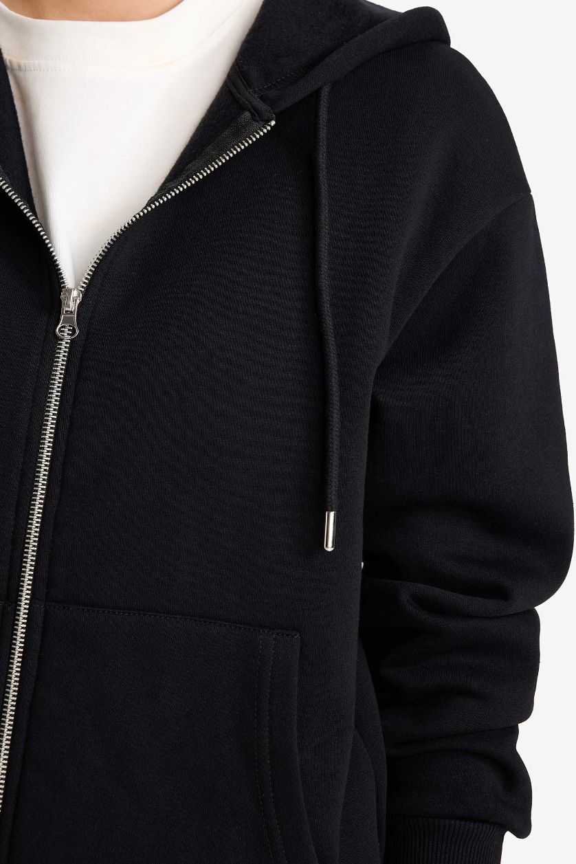 Kadın Siyah Relax Fit Kapüşonlu Basic Düz Kalın Fermuarlı Sweatshirt