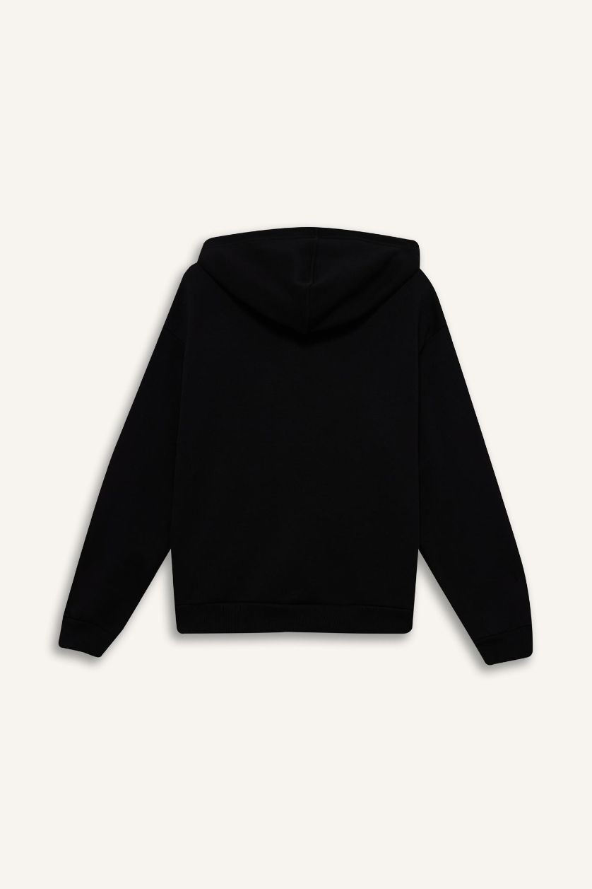 Kadın Siyah Relax Fit Kapüşonlu Basic Düz Kalın Fermuarlı Sweatshirt