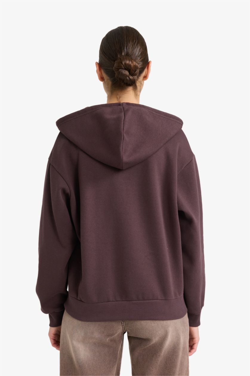 Kadın Kahve Relax Fit Kapüşonlu Basic Düz Kalın Fermuarlı Sweatshirt