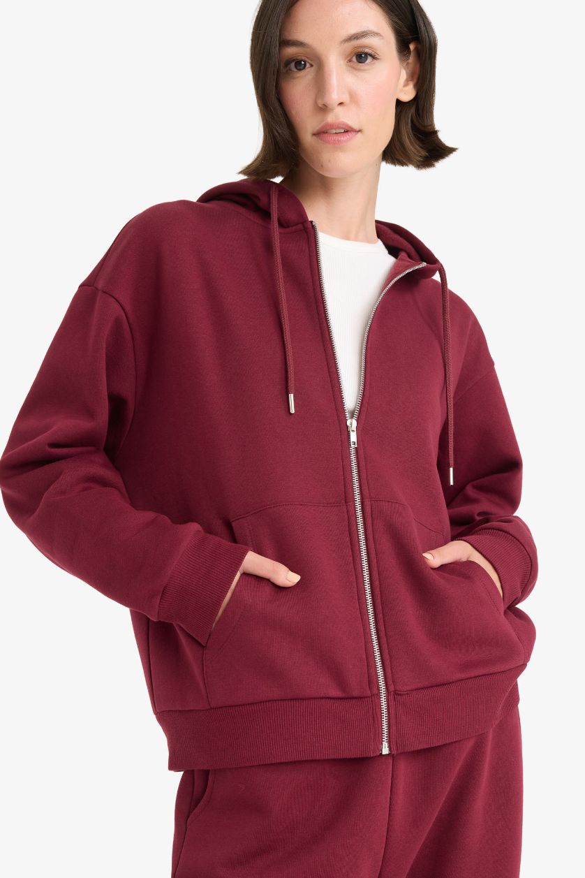 Kadın Bordo Relax Fit Kapüşonlu Basic Düz Kalın Fermuarlı Sweatshirt