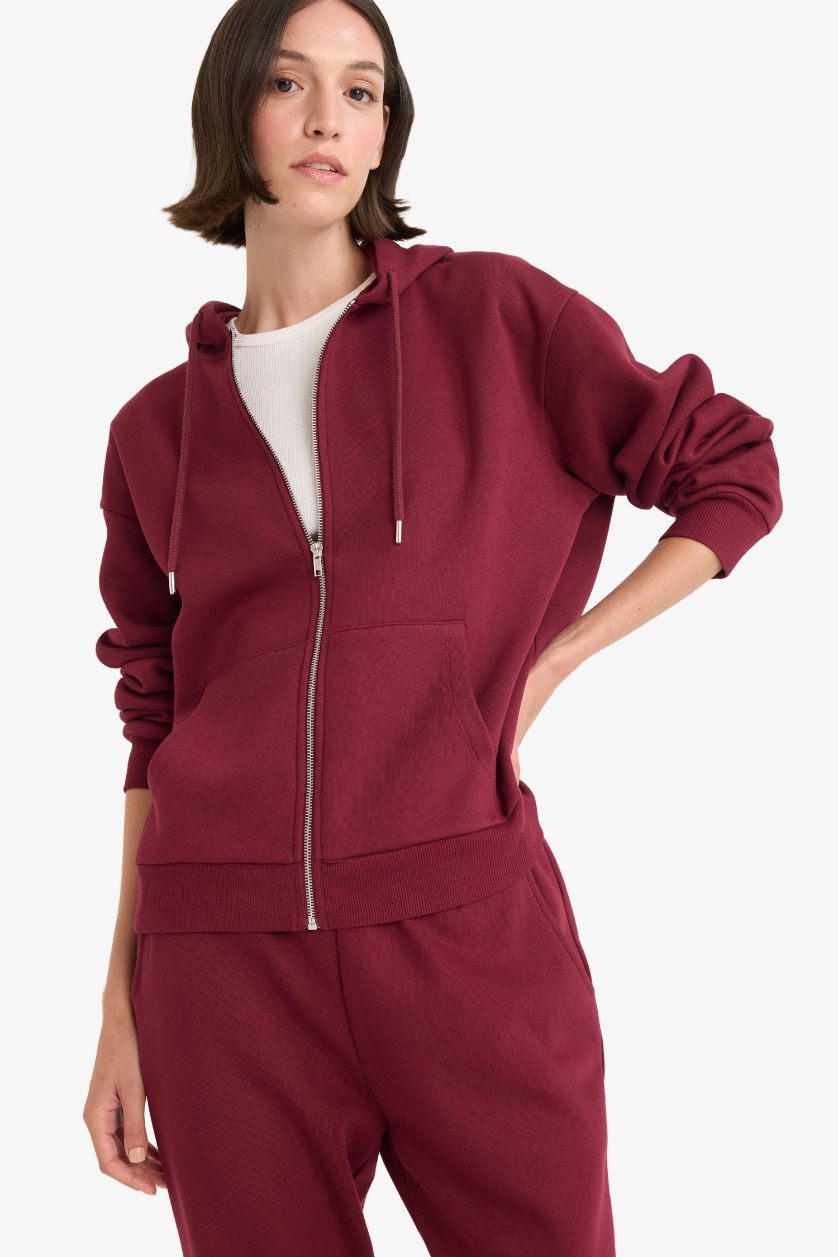 Kadın Bordo Relax Fit Kapüşonlu Basic Düz Kalın Fermuarlı Sweatshirt