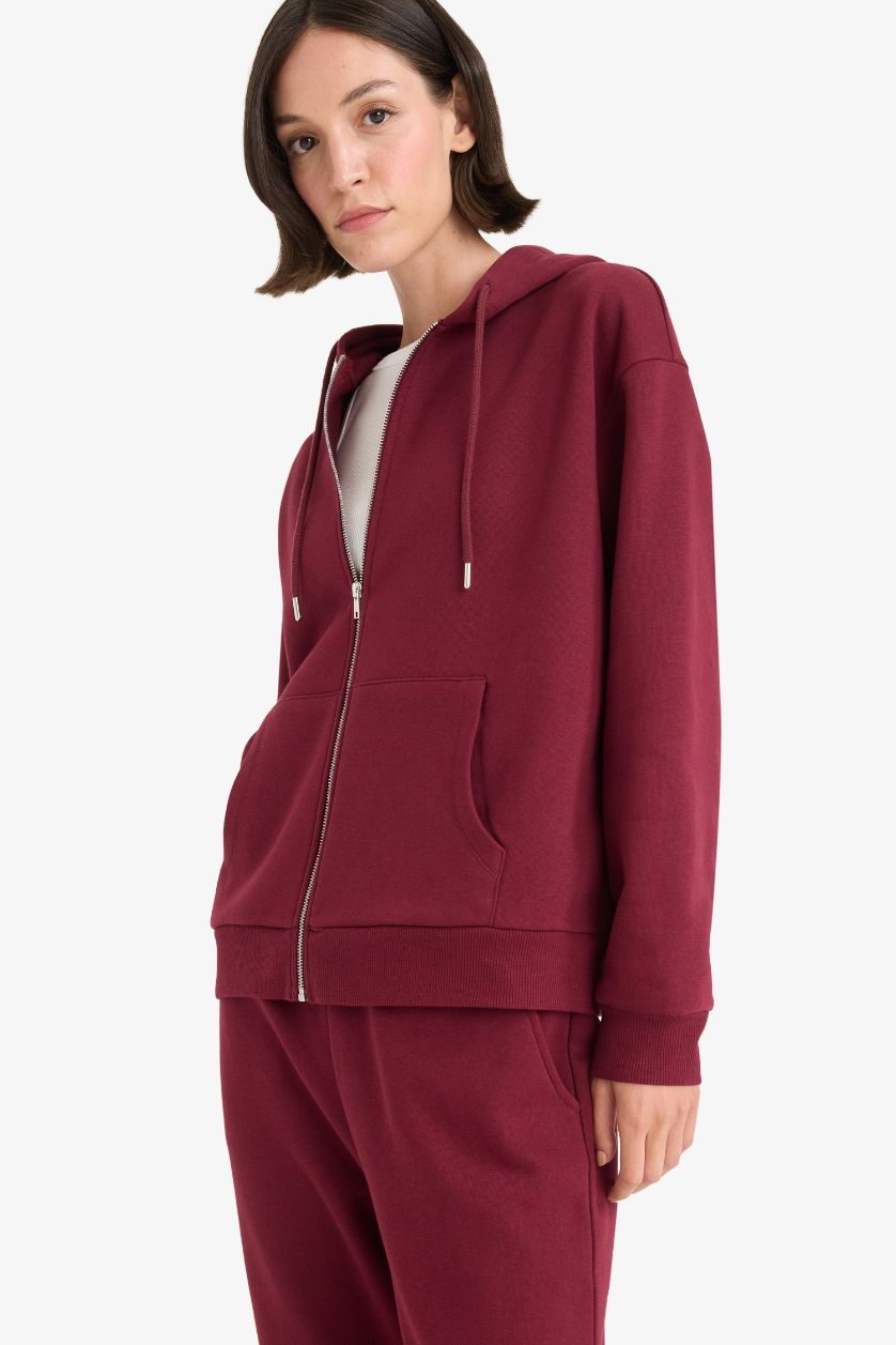 Kadın Bordo Relax Fit Kapüşonlu Basic Düz Kalın Fermuarlı Sweatshirt