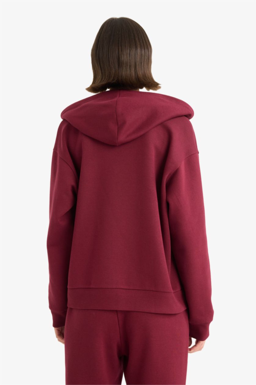 Kadın Bordo Relax Fit Kapüşonlu Basic Düz Kalın Fermuarlı Sweatshirt