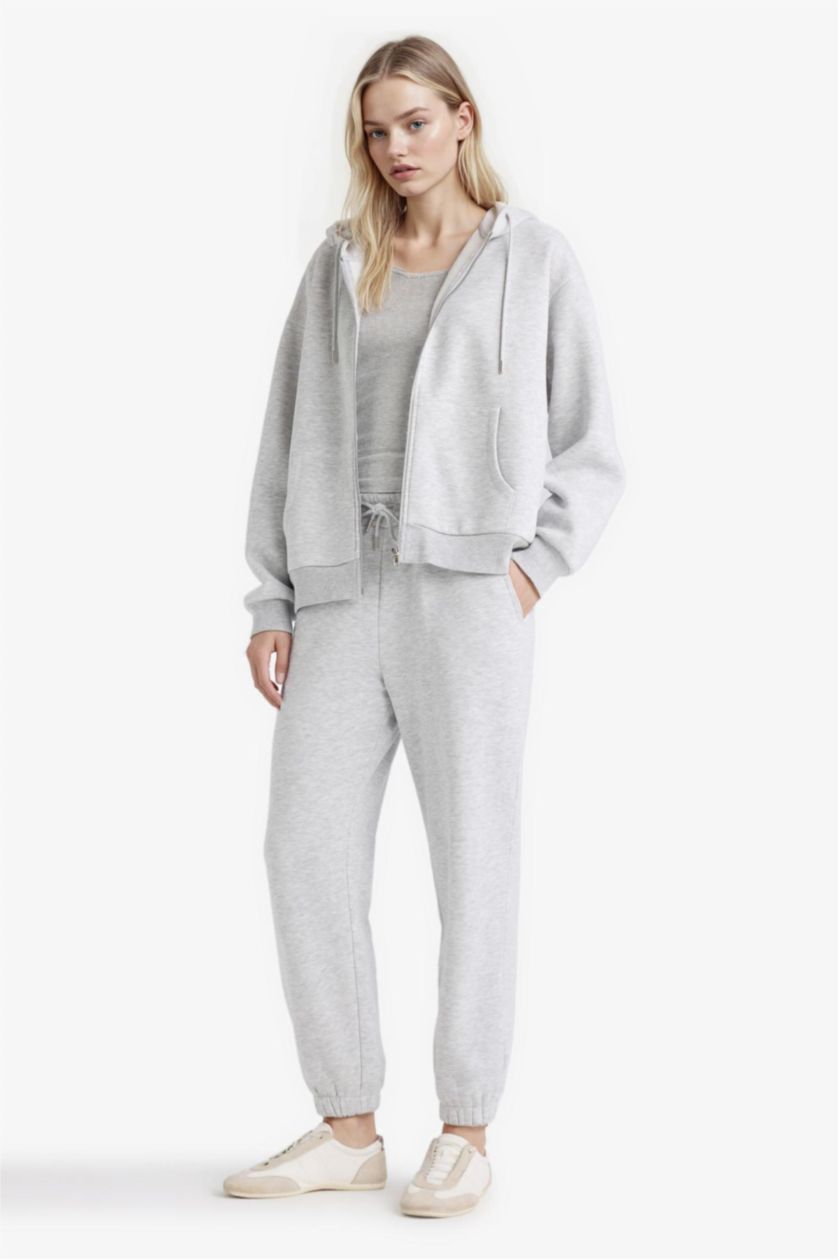 نساء ميلانج رمادي Relax Fit Basic Thick Fabric Zip-Up Hoodie
