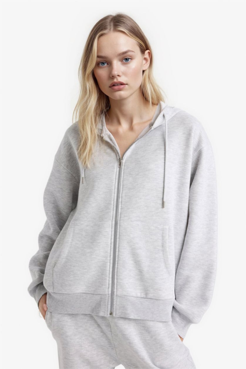 نساء ميلانج رمادي Relax Fit Basic Thick Fabric Zip-Up Hoodie