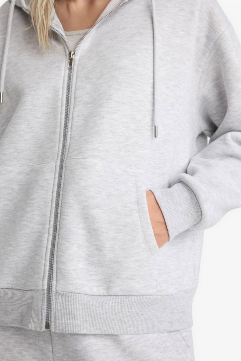 نساء ميلانج رمادي Relax Fit Basic Thick Fabric Zip-Up Hoodie