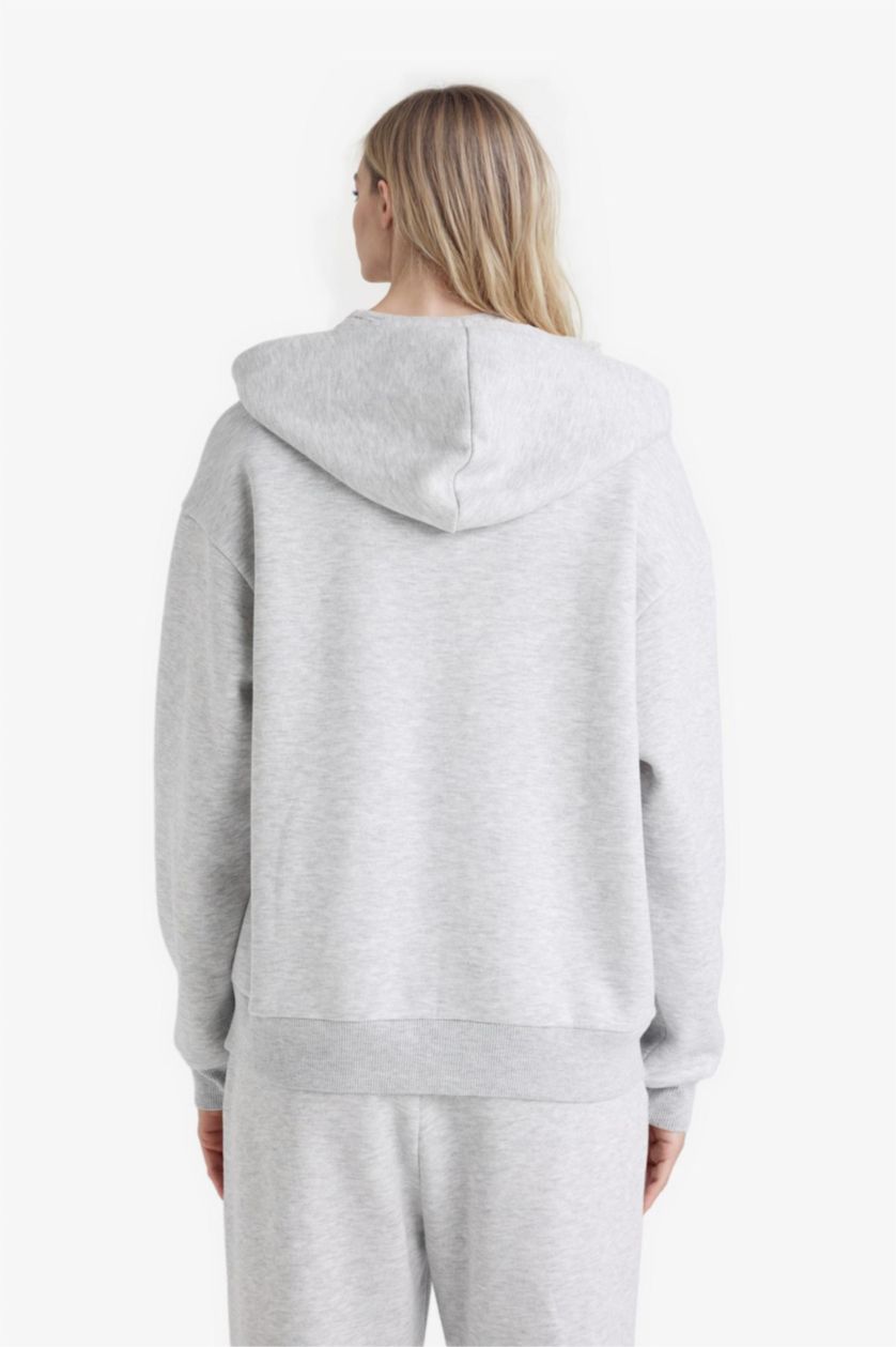 نساء ميلانج رمادي Relax Fit Basic Thick Fabric Zip-Up Hoodie