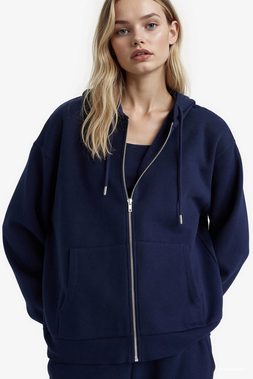 Kadın Lacivert Relax Fit Kapüşonlu Basıc Sweatshirt