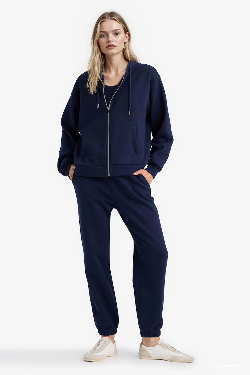 Kadın Lacivert Relax Fit Kapüşonlu Basıc Sweatshirt