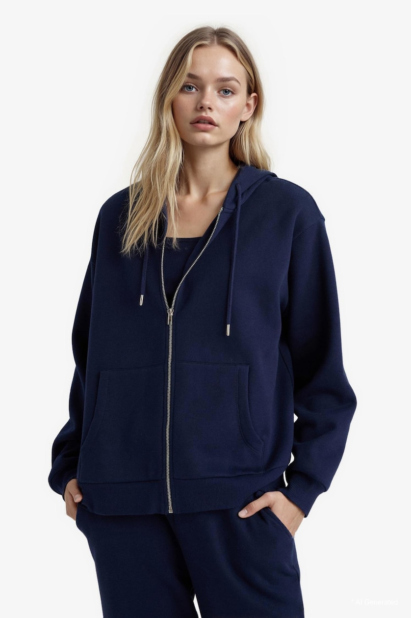 Kadın Lacivert Relax Fit Kapüşonlu Basıc Sweatshirt