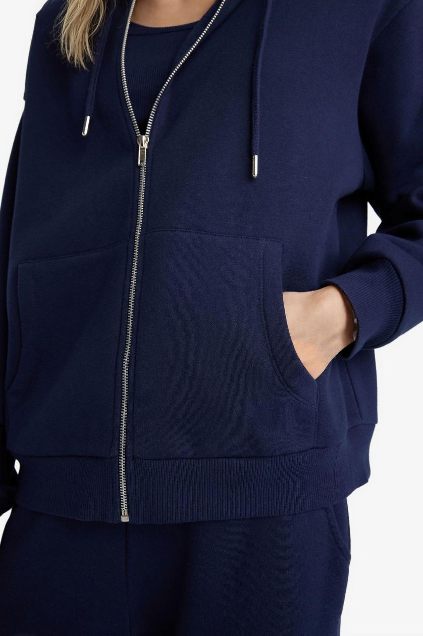 Kadın Lacivert Relax Fit Kapüşonlu Basic Düz Kalın Fermuarlı Sweatshirt