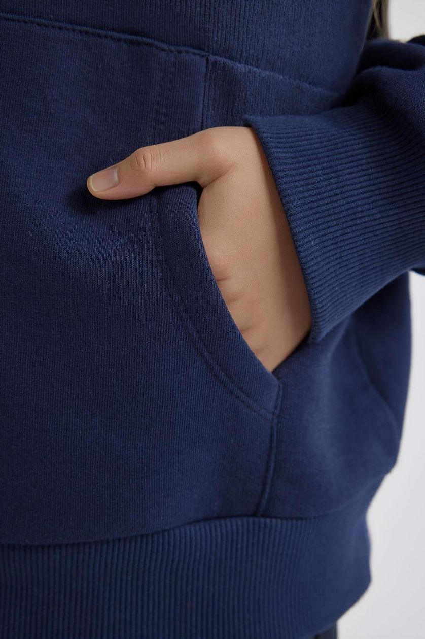 Kadın Lacivert Relax Fit Kapüşonlu Basic Düz Kalın Fermuarlı Sweatshirt