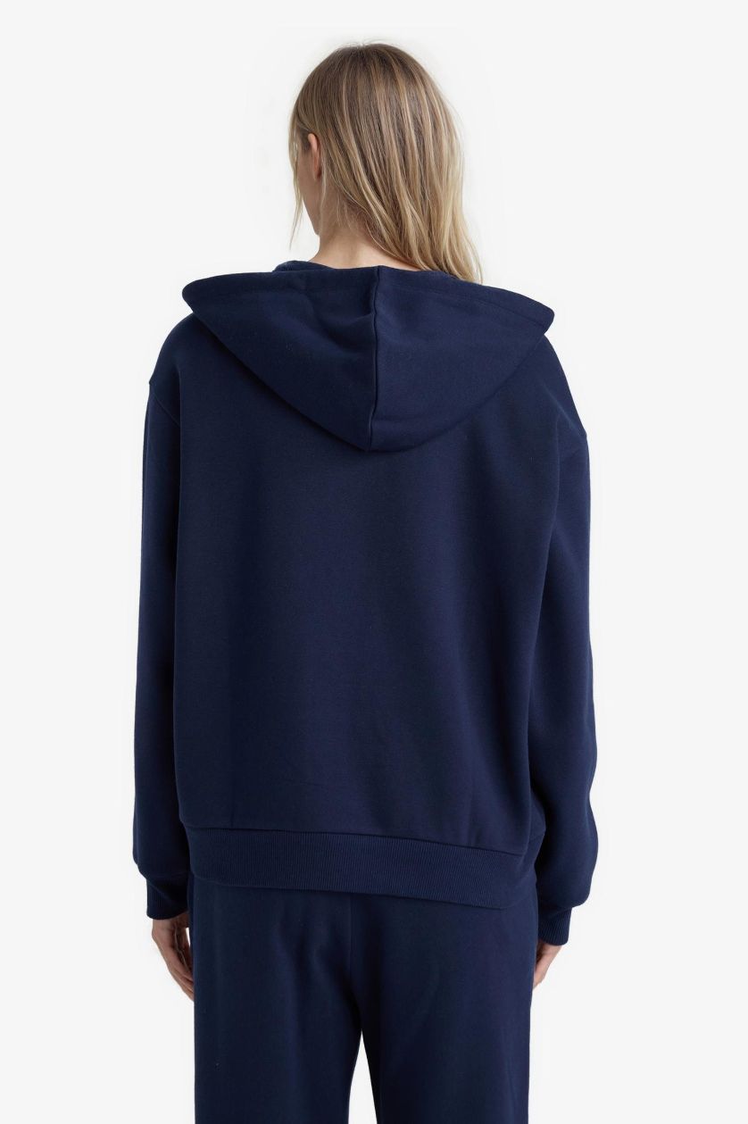 Kadın Lacivert Relax Fit Kapüşonlu Basic Düz Kalın Fermuarlı Sweatshirt