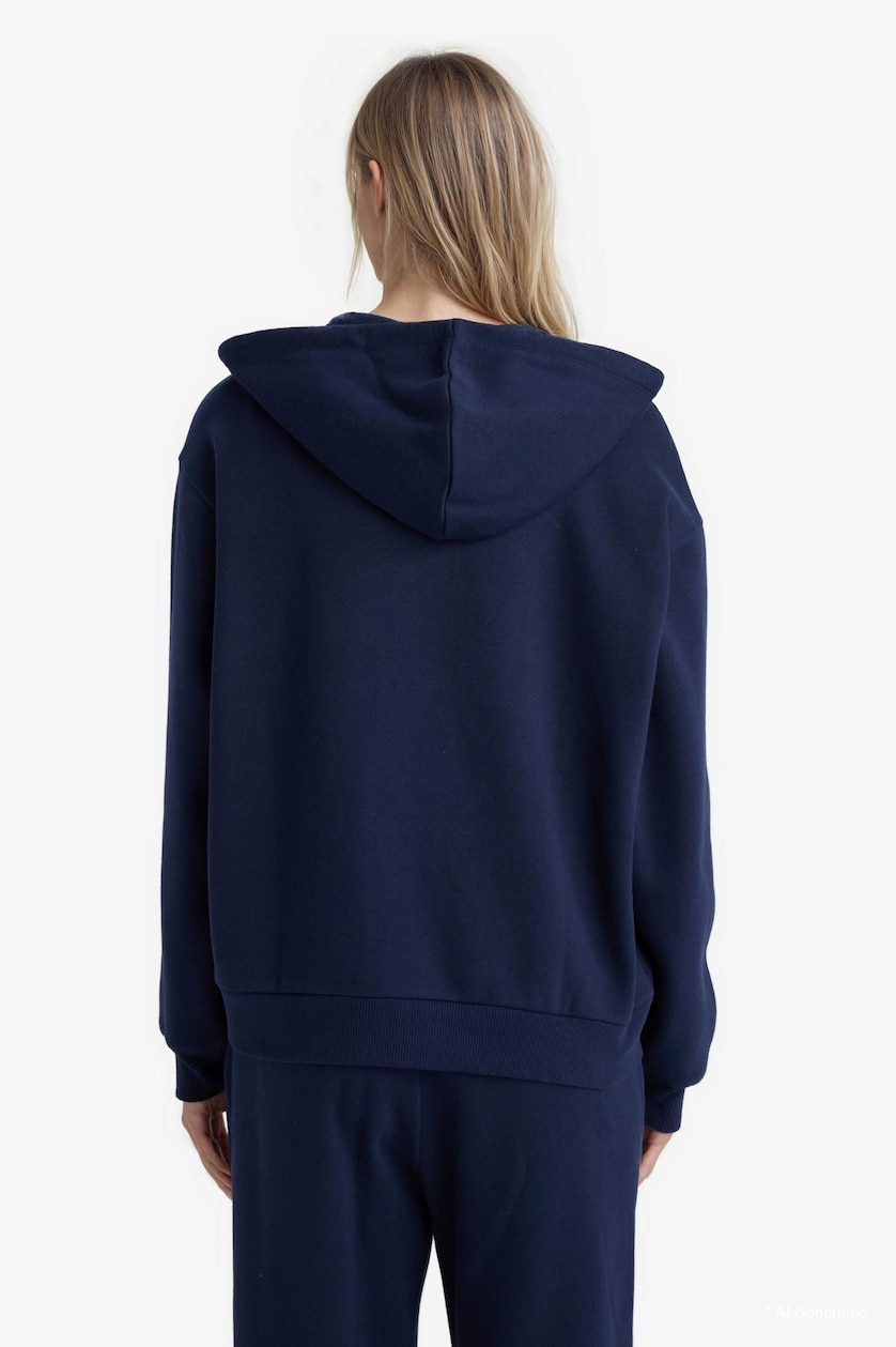 Kadın Lacivert Relax Fit Kapüşonlu Basıc Sweatshirt