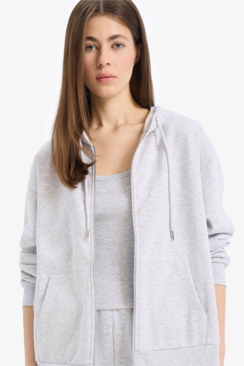 Kadın Gri Melanj Relax Fit Kapüşonlu Cepli Basıc Fermuarlı Sweatshirt
