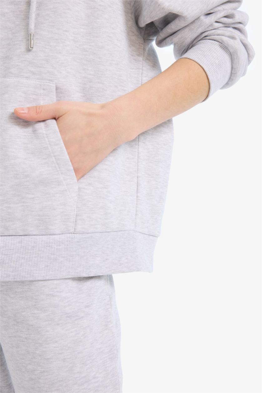 Kadın Gri Melanj Relax Fit Kapüşonlu Cepli Basıc Fermuarlı Sweatshirt