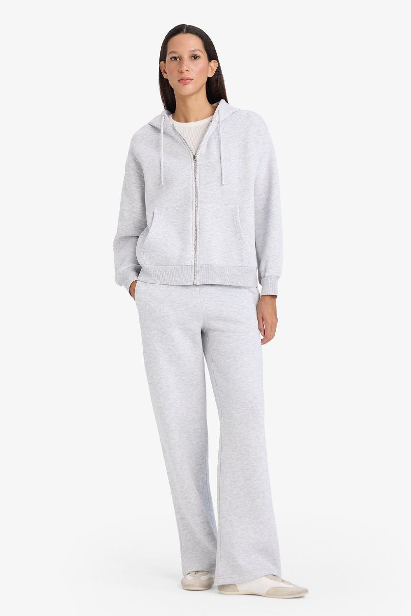Woman Grey Melange Relax Fit Basic Thick Fabric Zip-Up Hoodie