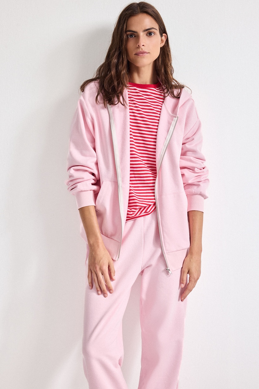 Kadın Açık Pembe Relax Fit Kapüşonlu Basıc Sweatshirt