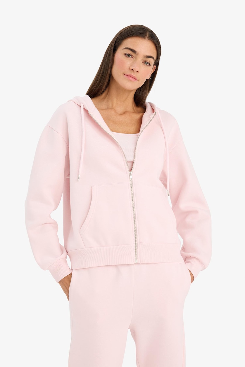 Kadın Açık Pembe Relax Fit Kapüşonlu Basıc Sweatshirt