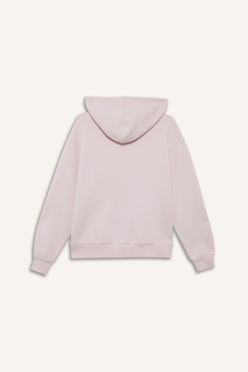 Kadın Açık Pembe Relax Fit Kapüşonlu Basıc Sweatshirt