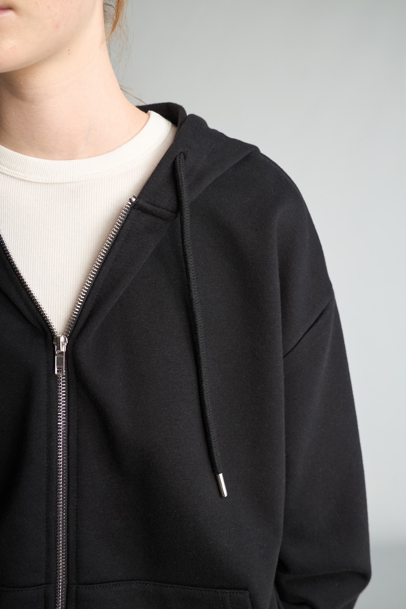 Kadın Siyah Relax Fit Kapüşonlu Basıc Basic Sweatshirt