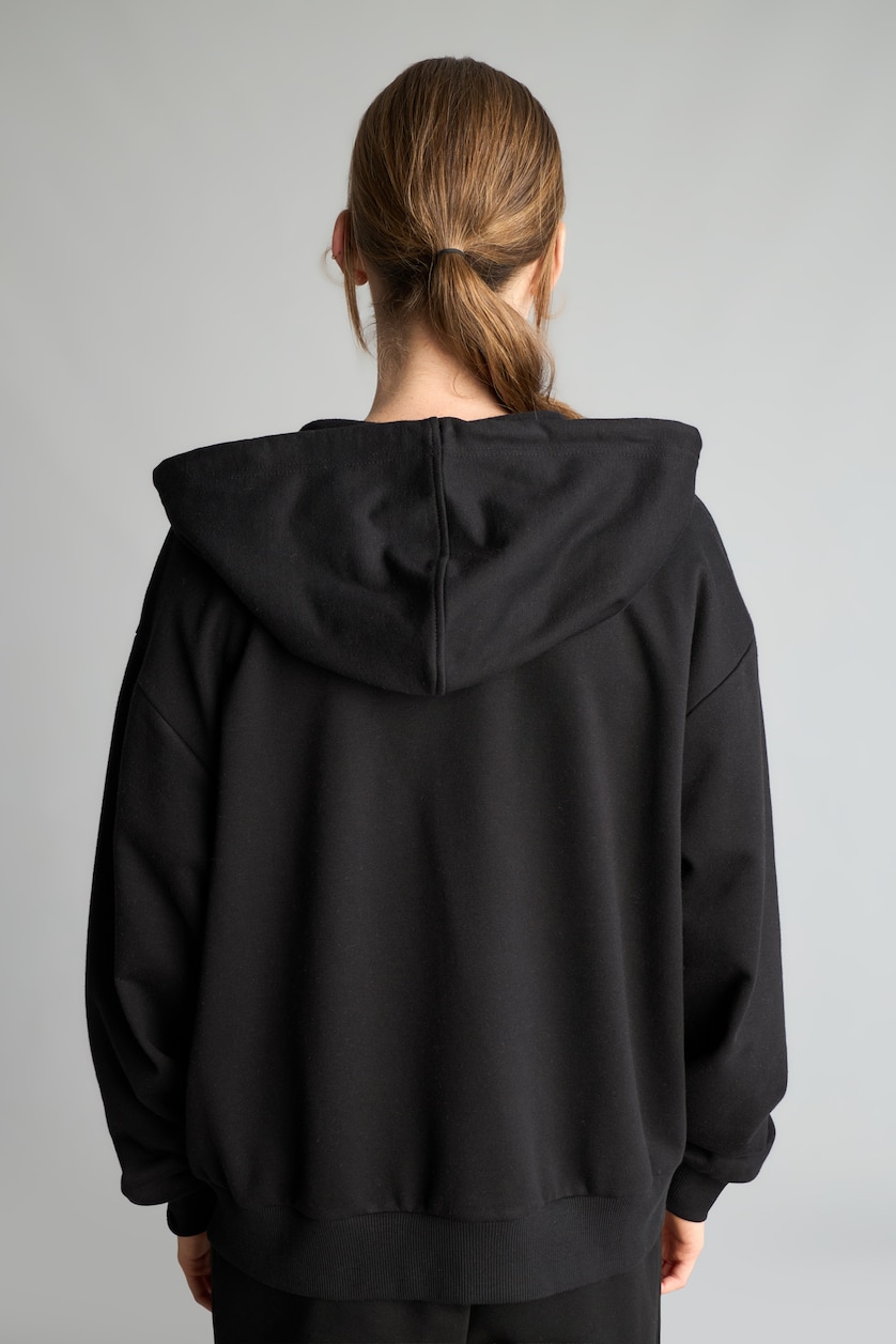 Kadın Siyah Relax Fit Kapüşonlu Basıc Basic Sweatshirt