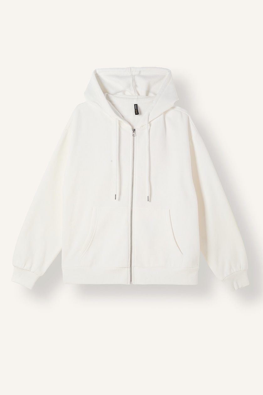 Kadın Ekru Relax Fit Kapüşonlu Basıc Sweatshirt