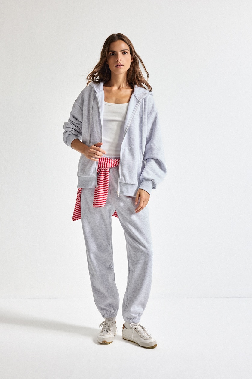 Women Grey Melange Relax Fit Hooded Basic Plain Thick Fabric Cardigan