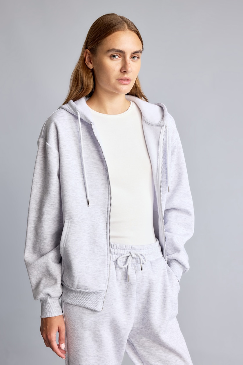 Women Grey Melange Relax Fit Hooded Basic Plain Thick Fabric Cardigan