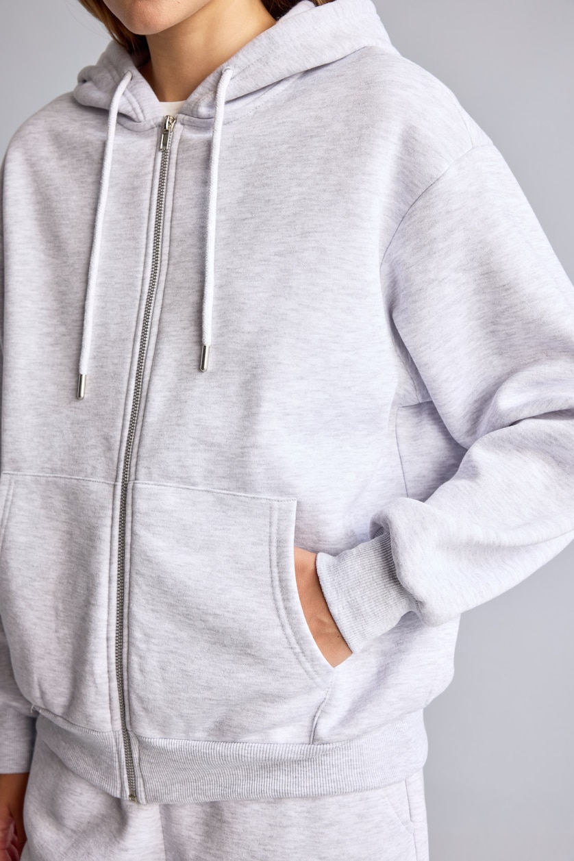 Women Grey Melange Relax Fit Hooded Basic Plain Thick Fabric Cardigan